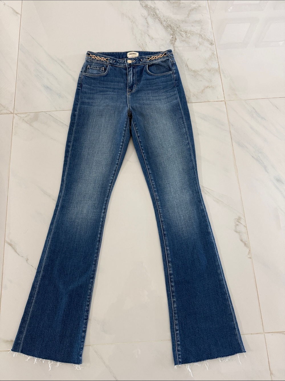 L'AGENCE High-Rise Blue Denim Jeans with Gold Chain Belt